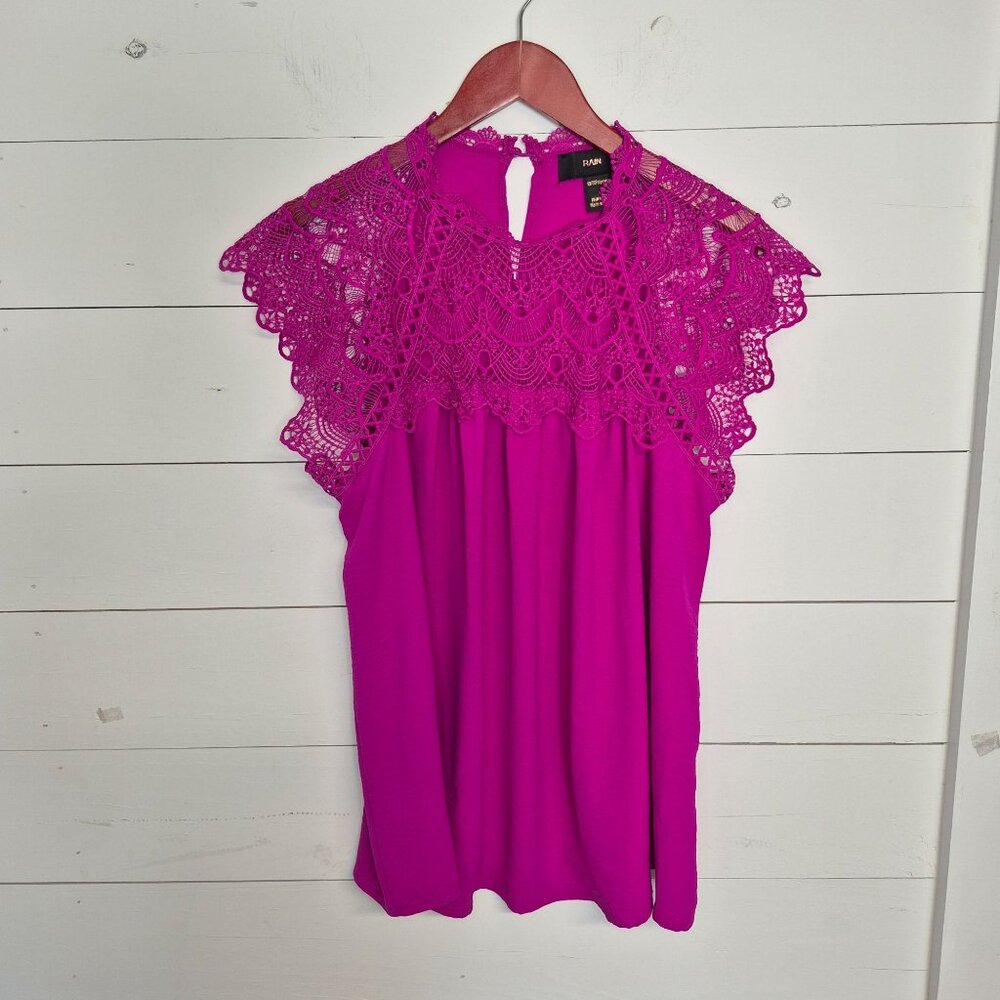 Rain Womens Fuchsia Crochet Lace Cap Sleeve Blouse L
